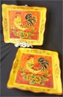 2 Orange Rooster Hand Painted Platters by Maxcera