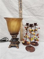 Amber Glass Lamp & (3) Matching  Candlestick