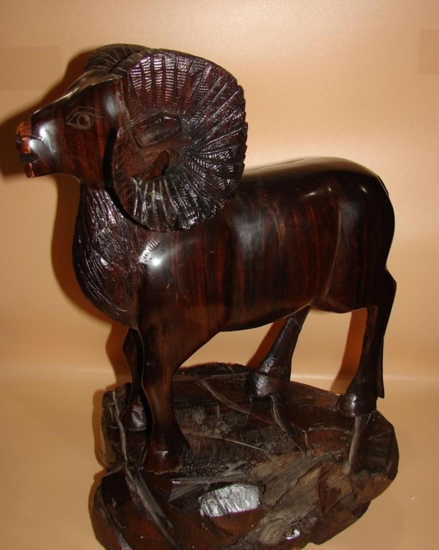 Vintage Carving of Ram on Solid Wood Stand 17"