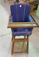 Dolls High Chair, blue vinyl upholstery - vintage