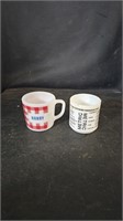 2 Milk Glass Mugs, "Harry"  & one with Metric