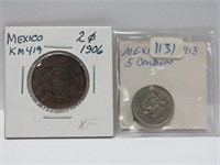 Mexico 1913 5 Centavos, 1906 2 cents coins