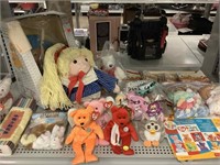 Furby, plush dolls, Ty beanie babies and more.