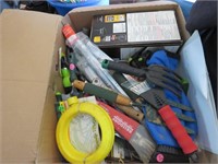 2 BOXES OF MISC GARDENING TOOLS AND MORE