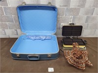 Vintage waffle iron, suit case, bead basket