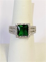 .925 Silver 5.50ct Cut Emerald Ring Sz 8   T