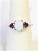 .925 Silver Oval & Heart Amethyst Ring Sz 7   L