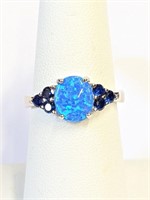.925 Silver Blue Opal & Sapphire Ring Sz 7    S