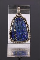 STERLING Silver & Carved Lapis Lazuli Pendant