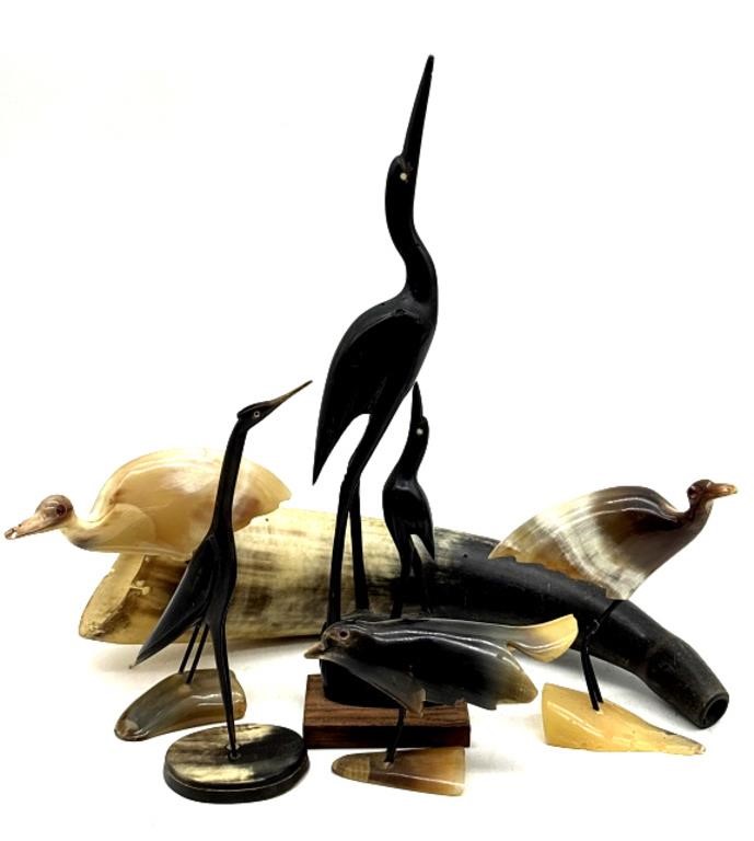 Horn and Carved Birds 11” Tall Bird and Smaller