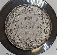 1913 Canadian Sterling Silver 50-Cent Half Dollar