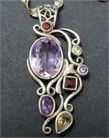 Sterling Silver Necklace w/Multi-Stone Pendant