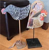 Set of 2 Carved Wooden Rooster Figurines