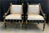 Pair White Upholstered Black & Gold Chairs