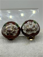Antique Chinese Cloisonne Button Clip Earrings