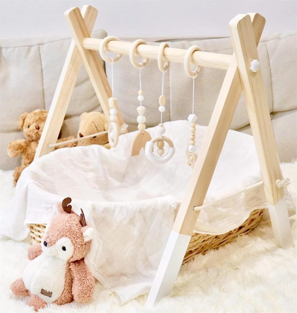 Wooden Baby Gym, Foldable, 4 Toys, Wood