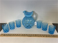 FENTON BLUE COIN SPOT PITCHER & 6 GLASSES SET