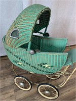 Vintage Green Wicker Baby Buggy