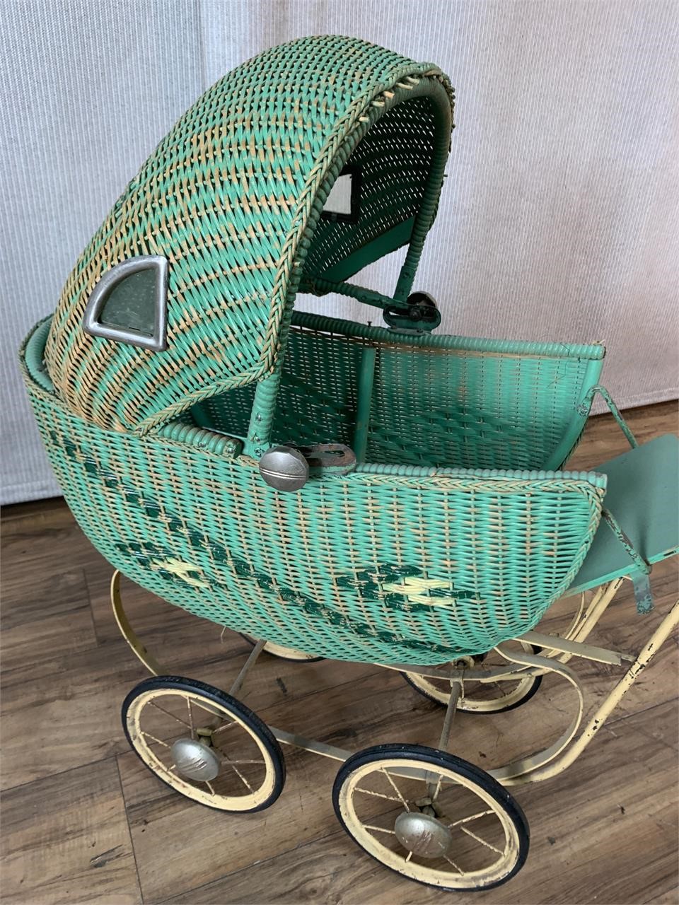 Vintage Green Wicker Baby Buggy