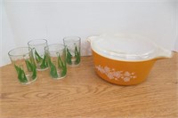 Pyrex Bowl, Nic on Lid, Sailboat Juice Glasses