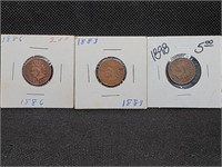 Lot of 3 Indian Head Pennies: 1883, 1886, & 1898