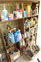 WOODEN SHELF W/CONTENTS AND 2 WHEEL DOLLY 6'