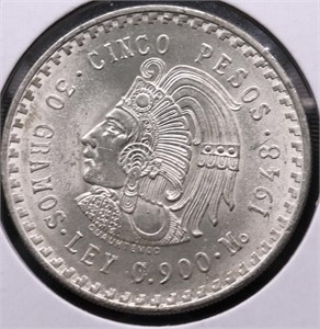 1948 MEXICO SILVER 5 PESOS CHOICE BU