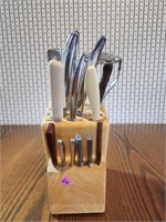 Wooden Knife Block with Knives and Masher