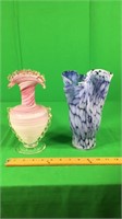 2 vases 10”h. Pink one is hand blown