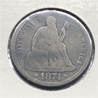 1874 S SEATED DIME  VG RARE DATE