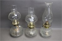 3 GLASS OIL LAMPS WITH CHIMNEY - 12"H