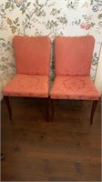 Pair of pink damask upholstered side chairs ,