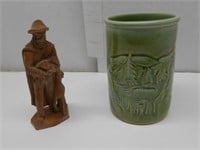 Hand Carved Wooden Man Figurine and Stoneware