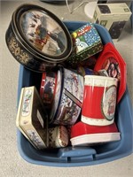 Tote full of miscellaneous tins