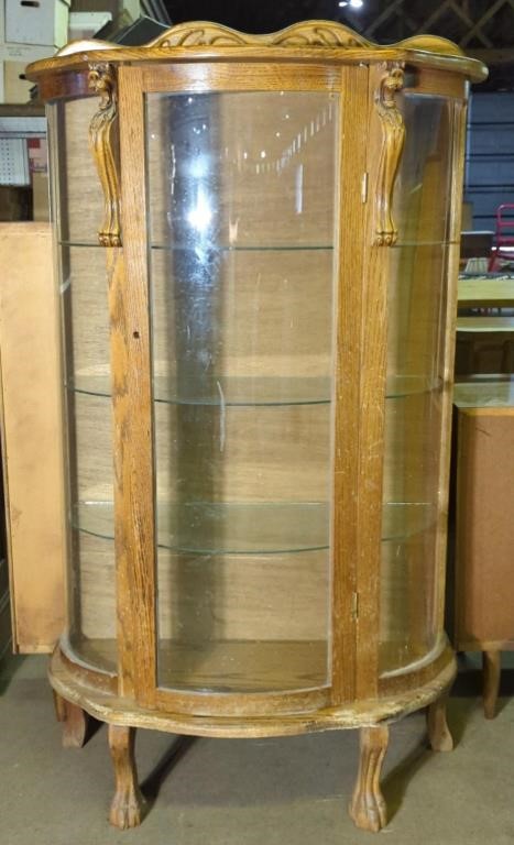 (SM) Vtg Oak Display Cabinet w/ Bowed Glass &