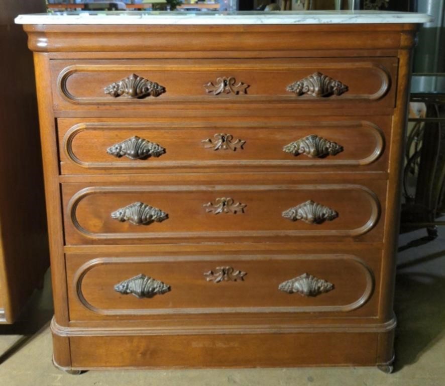 (O) Vtg Walnut Chest Of Drawers w/ Marble Top