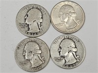 1936, 1939, 1942, 1947 Washington Silver Quarters