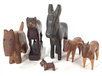5 Mini Folk Art Carved Wood Animals Donkey, Dogs +