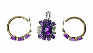 10k Gold Amethyst & Diamond Earrings & Pendant