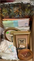 Miscellaneous box lot includes 2 new tablecloths,