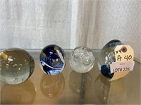 4pc Art Glass Paperweights: Clear, Blues