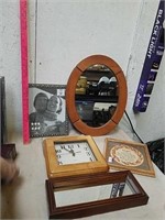Oval wood framed mirror, wall clock, picture