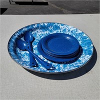 Large Tray, Graniteware Plates & Spoons