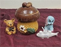 Vintage Mushroom Cookie Jar, Honey Bear Jar, Fish