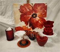 Red/ Orange Floral Print, Milkglass Dishes, Ring