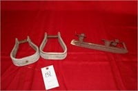 2 wooden stirrups and antique Ice Skate