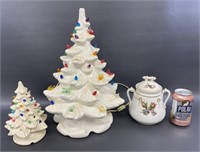 2 ceramic Christmas trees and a covered porcelain