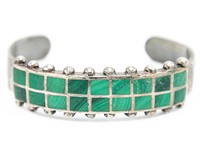 Zuni Sterling Malachite Inlay Cuff Bracelet