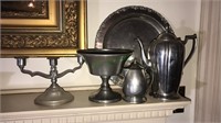 Five pieces of pewter including a teapot,