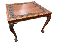 Square Mahogany End Table with Carved Flowers